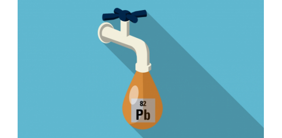 Drawn image showing a drop of water with Pb chemical sign dropping out of a tap