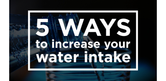 text saying "5 ways to increase your water intake" over background of bottle of water being poured into glass