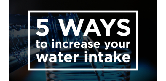 5 Tips to increase your water daily text saying "5 ways to increase your water intake" over background of bottle of water being poured into glass