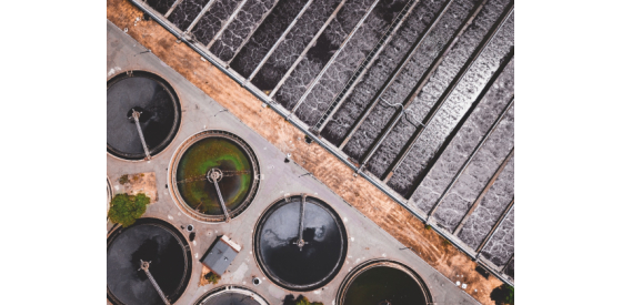 Wastewater treatment plant aerial view of water tanks